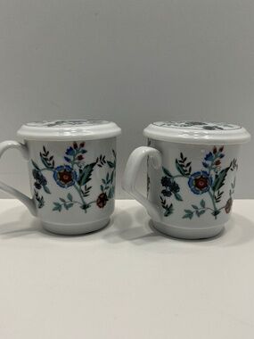 Vtg PMC Set of 2,  8 OZ Floral PORCELAIN CUP COFFEE TEA MUG w/LID Floral Design